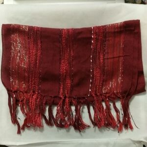 Red Mixed Yarns Metallic Threads Woven Scarf with Fringe